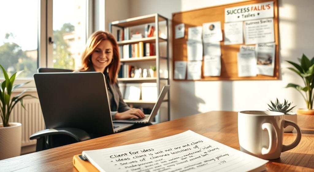A warm, inviting office space where a professional woman in smart casual attire, sitting at a desk, is engaging in a video call with a client on her laptop. In the foreground, a notepad filled with ideas for client relationships and a steaming cup of coffee. The middle ground features a modern bookshelf filled with business books and a small plant for a touch of greenery. Soft, natural light filters in through a large window, casting gentle shadows that create a cozy atmosphere. In the background, a bulletin board displays success stories and testimonials, emphasizing a positive and collaborative vibe. The overall mood is focused, friendly, and professional, illustrating the essence of building strong client connections.