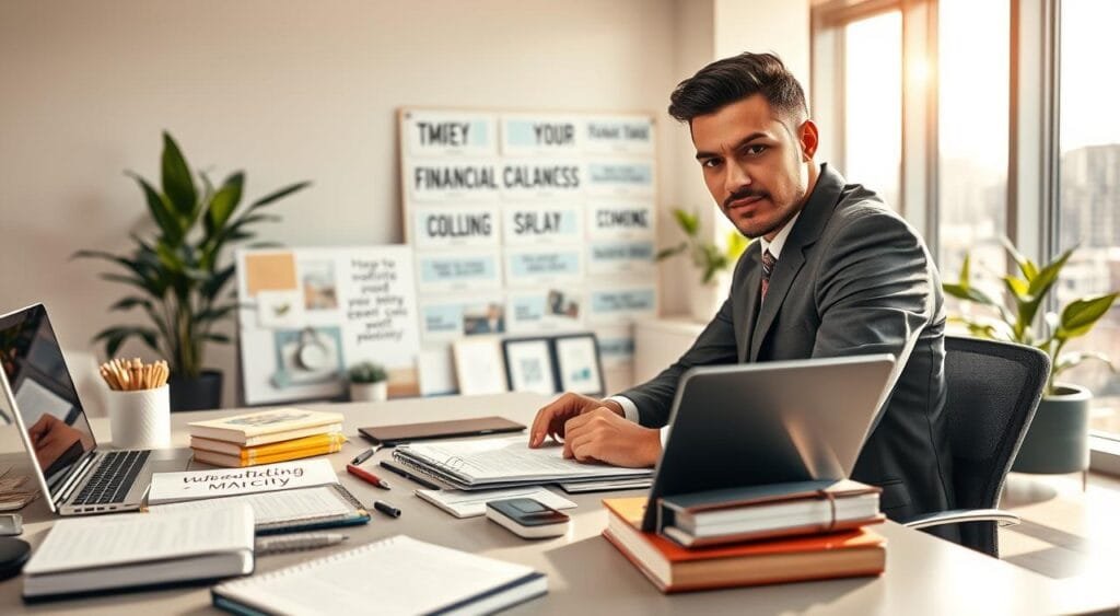 A well-dressed professional man and woman, exuding confidence and focus, are seated at a modern workspace with a large window revealing a city skyline. The foreground showcases a sleek desk cluttered with productivity tools like notebooks, a laptop, and a planner, symbolizing discipline and consistency. In the middle ground, motivational books and a vision board filled with financial goals and affirmations add richness to the setting. The background features a bright, sunlit office space with plants, creating a harmonious atmosphere. Soft, warm lighting enhances the professionals' determined expressions, while a slight depth of field emphasizes their commitment to a wealth creation mindset. Capture this moment from a slightly angled perspective, framing the subjects amid their inspiring environment.