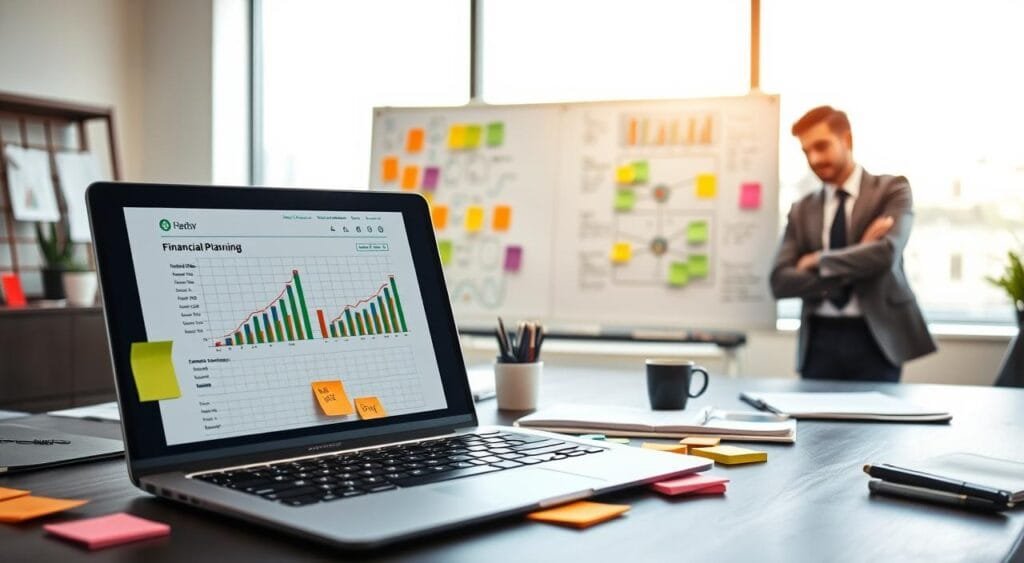 A well-organized desk scene symbolizes financial planning targets. In the foreground, a laptop displays a financial planning spreadsheet, accompanied by notes and colorful sticky notes listing specific financial goals. To the side, a confident individual in professional attire thoughtfully examines a financial chart, symbolizing overcoming common obstacles. The middle ground features a large whiteboard filled with diagrams and strategic plans in vibrant colors, representing growth and clarity. In the background, soft natural light filters through a large window, illuminating a calm and focused office atmosphere. The mood is determined and optimistic, suggesting progress and success in financial goal setting. The composition should emphasize a professional and inspiring environment that encourages financial planning and motivation.