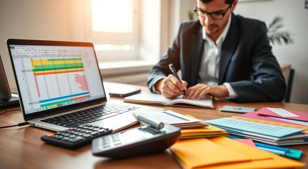 A well-organized desk setup illustrating personal budgeting techniques, featuring a modern laptop displaying a colorful budgeting spreadsheet. In the foreground, a focused individual in professional attire is jotting down notes in a notebook, with a calculator nearby. The middle ground shows a neatly arranged array of expense trackers, and colorful envelopes labeled with different budget categories. In the background, a window lets in natural light, casting a warm glow over the scene, while a potted plant adds a touch of greenery. The atmosphere is calm and productive, emphasizing clarity and focus in financial management, with a soft depth of field to highlight the budgeting materials.