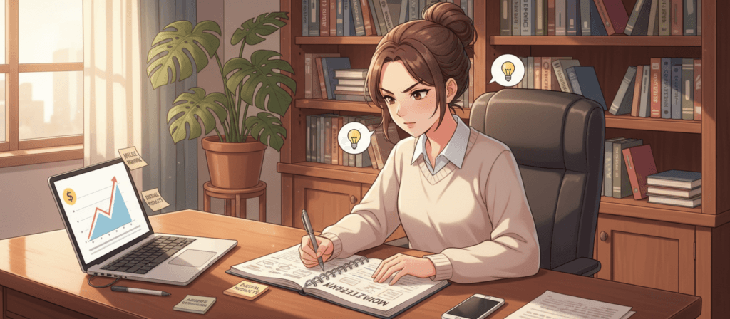 A well-organized home office scene focused on effective blogging monetization strategies. In the foreground, a sleek wooden desk with a laptop displaying a graph showing rising revenue, surrounded by notes and a smartphone. In the middle ground, a focused individual dressed in professional casual attire, brainstorming ideas, and jotting down strategies in a notebook. The background features a bookshelf filled with marketing and blogging books, and a potted plant adding a touch of greenery. Soft, warm lighting creates an inviting atmosphere, casting gentle shadows. The angle captures the hustle and creativity of the blogging world while emphasizing professionalism and productivity. The composition is balanced and harmonious, reflecting a successful blogging environment.