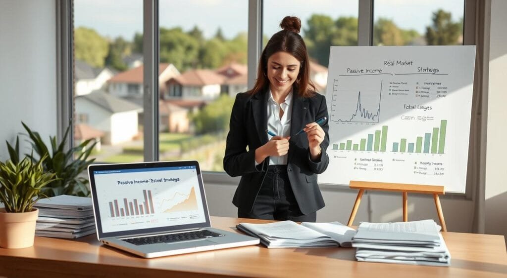 A well-organized, modern home office setting in the foreground, featuring a sleek desk with a laptop open to a financial analysis of real estate markets, alongside stacks of reports and a small potted plant. In the middle, a stylish whiteboard displays graphs and charts related to passive income strategies, with a friendly, professional woman in business attire thoughtfully writing notes. The background features a large window revealing a scenic view of suburban houses, symbolizing real estate investments. Soft, natural lighting floods the room, creating a warm and inviting atmosphere. The overall mood is inspiring and focused, perfect for illustrating strategies for optimizing real estate investments.