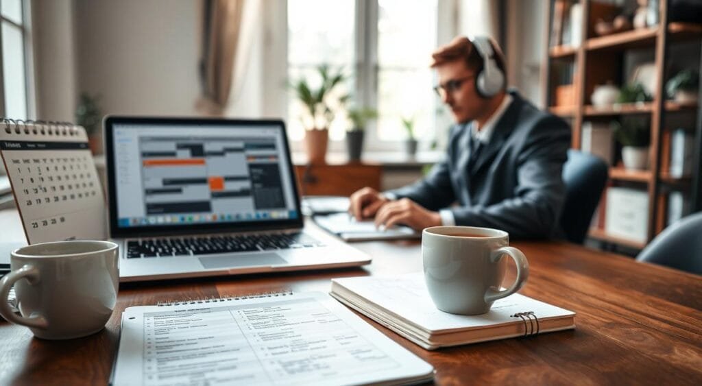 A well-organized remote workspace showcasing effective time management for freelancers in marketing. In the foreground, a neatly arranged desk with a laptop displaying a digital calendar and productivity tools. A cup of coffee sits beside a notepad filled with notes and task lists. In the middle, a focus on an individual in professional business attire, intently engaged in work, using headphones to maintain concentration. The background features a calming home office environment with a bookshelf, plants, and a window allowing soft, natural light to flood the space. The atmosphere is serene and focused, illustrating a productive workday for a remote freelancer. The overall composition conveys clarity, motivation, and professionalism, with a warm color palette enhancing the inviting ambiance.