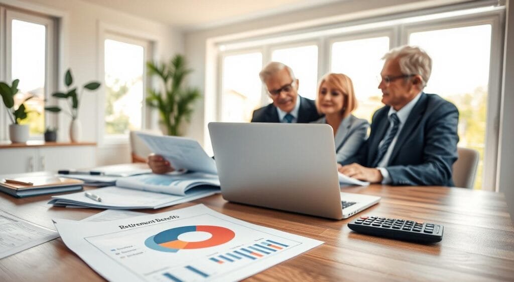A well-organized retirement planning desk scene, featuring a middle-aged couple dressed in professional business attire, reviewing documents and discussing with a financial advisor, also in business attire. In the foreground, a detailed view of financial papers and charts illustrating various retirement income strategies, including a pie chart labeled "Social Security Benefits." The middle ground shows a laptop displaying relevant data and a calculator positioned for easy access. The background features a bright and airy home office with large windows allowing soft natural light to filter in, creating a warm and inviting atmosphere. The overall mood conveys clarity and optimism about retirement planning, emphasizing collaboration and informed decision-making.