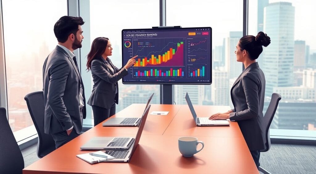 An illustrative scene depicting a professional office environment focused on e-commerce local search rankings. In the foreground, a diverse group of three business professionals dressed in smart casual attire discuss local SEO performance, pointing at a digital screen displaying colorful graphs and charts. The middle layer features a sleek modern desk with laptops, notebooks, and a cup of coffee, creating an organized workspace. The background showcases a large window with cityscape views, infusing natural light and a sense of urban context. The atmosphere is vibrant and collaborative, emphasizing a high-tech approach to marketing analytics. Soft, warm lighting enhances the professionalism while highlighting key elements, captured from a slightly elevated angle for depth.