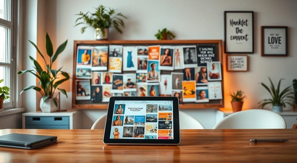 An inviting workspace showcasing a collection of visually appealing Pinterest boards focused on e-commerce tips. In the foreground, a stylish desk laden with a tablet displaying a vibrant Pinterest interface featuring eye-catching product images, lifestyle photography, and inviting color palettes. In the middle ground, an organized pinboard filled with neatly arranged images of trendy products, infographics, and branded content that highlight successful marketing strategies. The background reveals a soft-lit environment with warm natural light streaming through a window, accentuating plants and motivational quotes framed on the walls. The mood is inspiring and creative, encouraging engagement and collaboration in the world of Pinterest marketing for e-commerce.