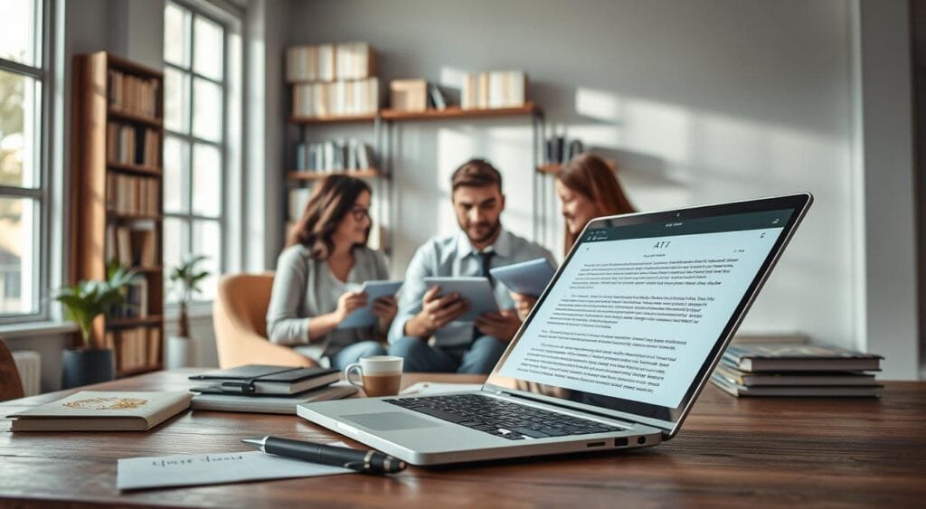 Compose a visually striking representation of AI writing assistants in a sleek, modern workspace. In the foreground, feature a stylish, laptop open with glowing text being generated on the screen, alongside professional-looking notes and a high-quality pen. The middle layer should include a friendly, diverse group of individuals—two professionals in business attire—intently discussing ideas over coffee, surrounded by digital tablets showing AI-generated content flow. In the background, subtly display shelves filled with books on writing and technology, alongside a large window filtering in soft natural light, casting gentle shadows. The overall atmosphere should convey innovation, collaboration, and creativity, emphasizing the impact of AI on content creation in 2023. Compose a visually striking representation of AI writing assistants in a sleek, modern workspace. In the foreground, feature a stylish, laptop open with glowing text being generated on the screen, alongside professional-looking notes and a high-quality pen. The middle layer should include a friendly, diverse group of individuals—two professionals in business attire—intently discussing ideas over coffee, surrounded by digital tablets showing AI-generated content flow. In the background, subtly display shelves filled with books on writing and technology, alongside a large window filtering in soft natural light, casting gentle shadows. The overall atmosphere should convey innovation, collaboration, and creativity, emphasizing the impact of AI on content creation in 2023.