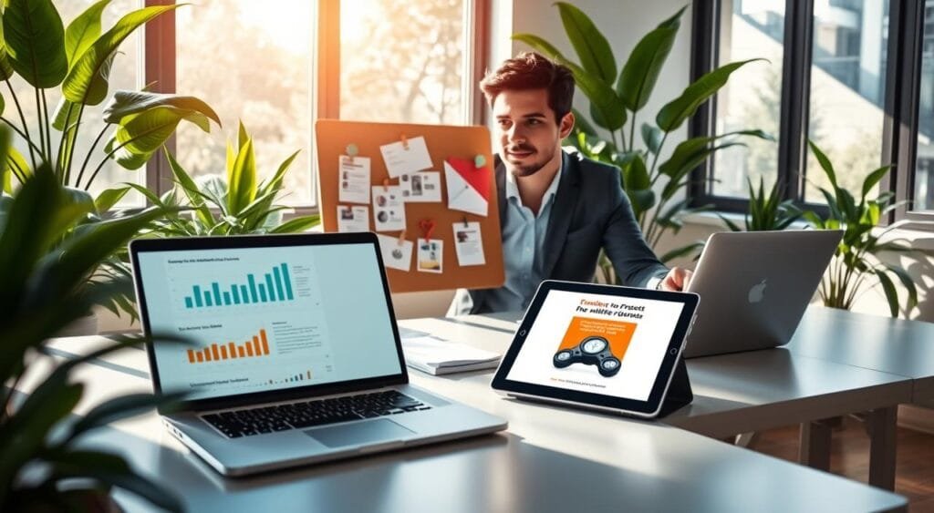 In a bright and modern workspace, a focused professional in smart casual clothing sits at a sleek desk, surrounded by digital devices. The foreground features a laptop displaying graphs and digital product designs, while a tablet shows a colorful ebook cover. In the middle, a bulletin board is pinned with notes about marketing strategies and product ideas. The background is filled with green plants and soft natural light streaming through large windows, creating an inviting and productive atmosphere. Soft shadows create depth, while a warm color palette adds a sense of optimism and creativity. The image conveys a mood of innovation and entrepreneurship, perfect for illustrating the concept of creating and selling digital products for passive income.