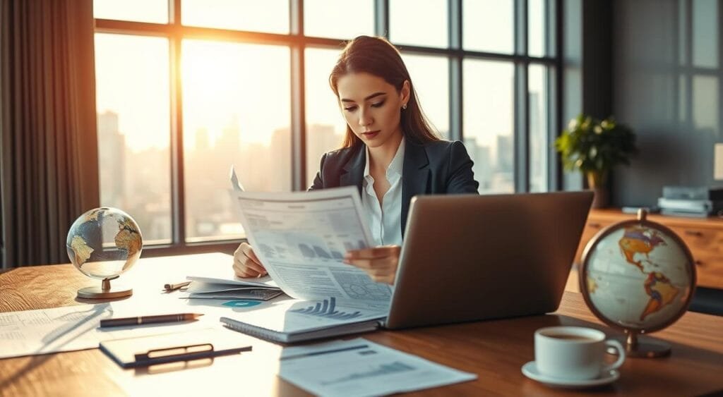 In a modern office setting, depict a professional businesswoman in smart attire, sitting at a sleek wooden desk cluttered with documents highlighting supplier certifications and compliance. She’s analyzing a report on a laptop, with focused determination in her expression. In the background, a large window reveals a city skyline, bathing the room in warm, natural light that casts soft shadows. On the desk, there are various business artifacts—like a globe, a notepad with graphs, and a cup of coffee—to imply a serious work environment. The atmosphere is one of diligence and professionalism, emphasizing the importance of verifying supplier certifications while incorporating elements of a dynamic and productive workspace. The image should be composed with a slight depth of field, drawing attention to the foreground details.