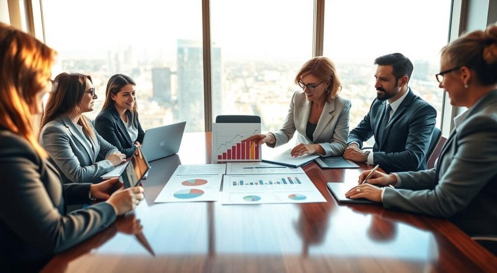 In a serene office setting, a diverse group of professionals sits around a polished wooden conference table, analyzing financial charts and retirement plans on sleek laptops and documents. In the foreground, a middle-aged woman in a smart blazer, focused and engaged, points at a bright graph depicting savings growth. The middle of the scene showcases detailed pie charts and bar graphs representing investments and diversifying portfolios. In the background, large windows reveal a cityscape, bathed in warm afternoon sunlight, creating an optimistic atmosphere. The lighting is soft but bright, emphasizing a sense of hope and progress toward financial independence. The overall mood is motivational and collaborative, inspiring viewers about the importance of saving for retirement and building wealth.