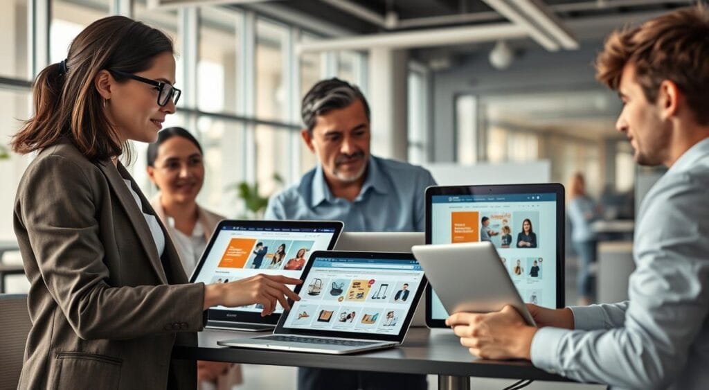 In the foreground, a diverse group of three professionals—a young woman with glasses in a blazer, a middle-aged man in a smart casual shirt, and a young man with a laptop—are collaborating at a modern workspace. They are analyzing website designs displayed on multiple screens. In the middle, there are stylish digital devices showcasing e-commerce websites, highlighting effective navigation and appealing product displays. The background features a contemporary office with large windows, letting in soft, natural light that creates a bright and inviting atmosphere. The overall mood is focused and optimistic, emphasizing teamwork and innovation in creating an effective online business platform. The image should have a clear depth of field, drawing attention to the professionals and their interactive environment, while maintaining a clean, professional aesthetic.