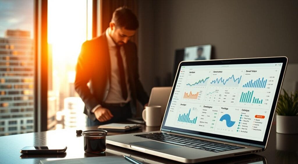 Visualize a modern workspace showcasing email automation tools. In the foreground, a sleek laptop displays an intricate dashboard filled with graphs, charts, and email campaign analytics, highlighting performance metrics. Scattered around are tools like a smartphone, notepad, and a coffee cup, suggesting productivity. In the middle ground, a business professional, dressed in a tailored suit, intently analyzes the data on the screen, displaying focus and determination. In the background, a large window reveals a bright daylight scene of a bustling cityscape, symbolizing connectivity and opportunity. The mood is one of concentration and innovation, with warm, natural lighting filtering in, creating a balance between technology and a dynamic work environment.