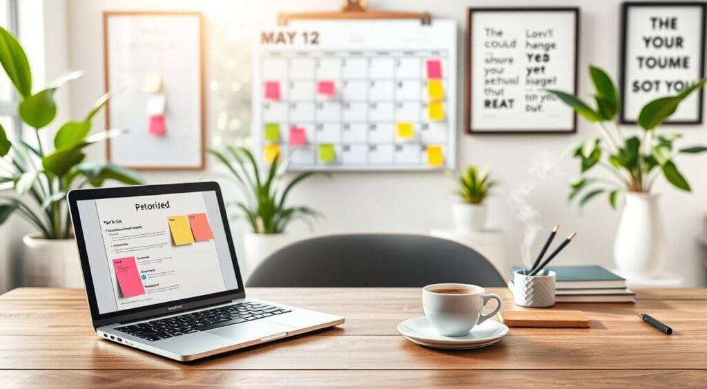 A beautifully organized freelance workspace, capturing the essence of productivity tools. In the foreground, a sleek wooden desk features an open laptop displaying a prioritized to-do list, sticky notes with colorful reminders, and a stylish planner. Next to the laptop, a cup of coffee steams gently, symbolizing focus and energy. The middle layer showcases a large, cozy wall calendar adorned with deadlines and important dates. Behind the desk, a large window allows soft natural sunlight to flood the space, adding warmth and inspiration. The background features green plants and motivational framed quotes that suggest a peaceful yet productive atmosphere. The scene has a clean, minimalistic feel, demonstrated using a soft focus lens effect to enhance the calming mood while highlighting the vibrant colors of the desk elements.