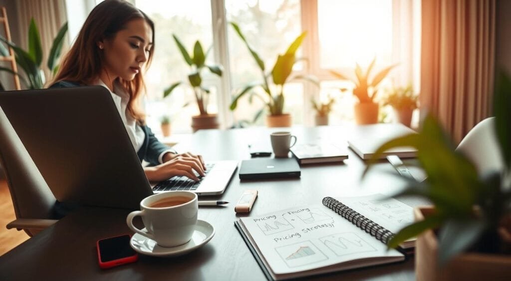 A bright, modern home office scene focused on a freelancer working at a stylish desk. In the foreground, a person in smart casual attire, female, with a focused expression, types on a laptop while jotting down notes on a notepad. The middle ground features a neatly organized workspace with a cup of coffee, a smartphone, and an open notebook showing pricing strategy sketches. The background includes a large window letting in natural light, framed by indoor plants, creating a warm and inviting atmosphere. Soft light emphasizes the details of the workspace, creating a sense of calm productivity. The angle captures the freelancer’s concentration, drawing the viewer into the world of remote freelance opportunities, with a professional and inspiring mood. A bright, modern home office scene focused on a freelancer working at a stylish desk. In the foreground, a person in smart casual attire, female, with a focused expression, types on a laptop while jotting down notes on a notepad. The middle ground features a neatly organized workspace with a cup of coffee, a smartphone, and an open notebook showing pricing strategy sketches. The background includes a large window letting in natural light, framed by indoor plants, creating a warm and inviting atmosphere. Soft light emphasizes the details of the workspace, creating a sense of calm productivity. The angle captures the freelancer’s concentration, drawing the viewer into the world of remote freelance opportunities, with a professional and inspiring mood.