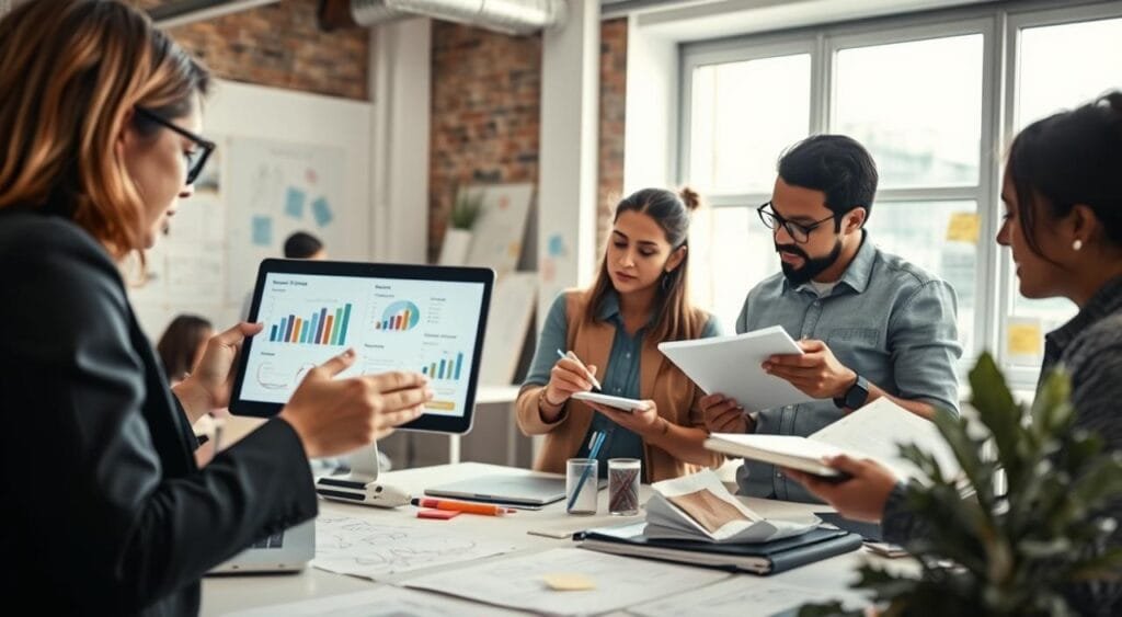 A bustling freelance web development workspace featuring diverse freelancers engaged in discussions about pricing strategies. In the foreground, a young woman in professional business attire reviews a laptop screen, displaying graphs and charts related to project pricing. To her side, a man sketches out pricing models on a notepad, dressed in smart casual clothing. The middle ground shows a collaborative workspace with sticky notes and design sketches on the walls. In the background, a large window lets in bright natural light, creating a vibrant atmosphere. The scene is captured from a slightly elevated angle, emphasizing the dynamic nature of freelance discussions and the focus on effective pricing. The overall mood is productive and inspiring, highlighting the creativity and professionalism of freelance web development. A bustling freelance web development workspace featuring diverse freelancers engaged in discussions about pricing strategies. In the foreground, a young woman in professional business attire reviews a laptop screen, displaying graphs and charts related to project pricing. To her side, a man sketches out pricing models on a notepad, dressed in smart casual clothing. The middle ground shows a collaborative workspace with sticky notes and design sketches on the walls. In the background, a large window lets in bright natural light, creating a vibrant atmosphere. The scene is captured from a slightly elevated angle, emphasizing the dynamic nature of freelance discussions and the focus on effective pricing. The overall mood is productive and inspiring, highlighting the creativity and professionalism of freelance web development.