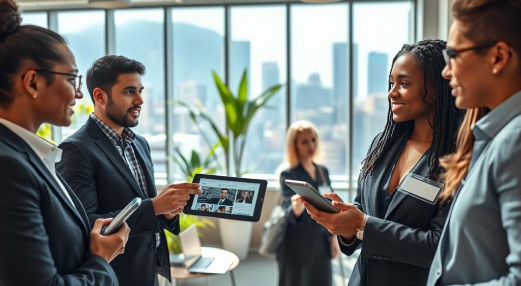 A bustling professional networking event in a modern, well-lit co-working space. In the foreground, a diverse group of three individuals dressed in professional business attire engages in conversation, each holding a digital tablet or smartphone, symbolizing modern networking. One person is sharing their screen, showcasing a personal branding portfolio, while another listens intently. In the middle, subtle elements such as name badges and laptops create an atmosphere of collaboration and innovation. The background features large windows offering a view of a vibrant city skyline, with greenery incorporated into the workspace, adding a refreshing touch. The lighting is bright, creating an inviting and energetic mood, with soft shadows adding depth. This image conveys professionalism, connection, and personal branding in a freelance context. A bustling professional networking event in a modern, well-lit co-working space. In the foreground, a diverse group of three individuals dressed in professional business attire engages in conversation, each holding a digital tablet or smartphone, symbolizing modern networking. One person is sharing their screen, showcasing a personal branding portfolio, while another listens intently. In the middle, subtle elements such as name badges and laptops create an atmosphere of collaboration and innovation. The background features large windows offering a view of a vibrant city skyline, with greenery incorporated into the workspace, adding a refreshing touch. The lighting is bright, creating an inviting and energetic mood, with soft shadows adding depth. This image conveys professionalism, connection, and personal branding in a freelance context.