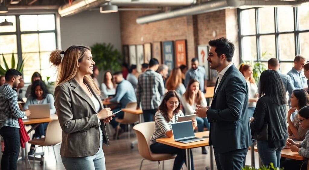 A busy, modern co-working space filled with diverse professionals engaged in networking and discussing freelance projects. In the foreground, a young woman in smart casual attire is exchanging ideas with a man in a tailored suit, both exuding enthusiasm and creativity. In the middle ground, small groups of freelancers are seated at collaborative tables, showcasing their laptops and portfolios, with smiles and handshakes. The background features large windows letting in warm, natural light, casting a friendly glow over the space. Elements like plants and motivational art adorn the walls to enhance the atmosphere. The scene conveys an energetic, professional vibe, symbolizing collaboration and opportunity, captured from a slightly elevated angle to maximize depth and engagement.