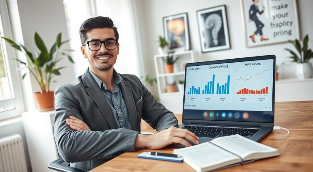 A confident freelancer sits at a modern desk, actively engaged in a video call with a potential client. In the foreground, the freelancer is dressed in professional attire, showcasing a polished demeanor. In the middle ground, a laptop displays charts and graphs representing competitive pricing strategies, alongside a notepad filled with notes. The background features a well-organized home office adorned with plants and motivational artwork, creating a welcoming atmosphere. Soft, natural lighting pours in from a nearby window, highlighting the professional's focused expression. The scene conveys a sense of determination and clarity, capturing the essence of freelance client prospecting with an emphasis on the importance of offering competitive pricing. A confident freelancer sits at a modern desk, actively engaged in a video call with a potential client. In the foreground, the freelancer is dressed in professional attire, showcasing a polished demeanor. In the middle ground, a laptop displays charts and graphs representing competitive pricing strategies, alongside a notepad filled with notes. The background features a well-organized home office adorned with plants and motivational artwork, creating a welcoming atmosphere. Soft, natural lighting pours in from a nearby window, highlighting the professional's focused expression. The scene conveys a sense of determination and clarity, capturing the essence of freelance client prospecting with an emphasis on the importance of offering competitive pricing.