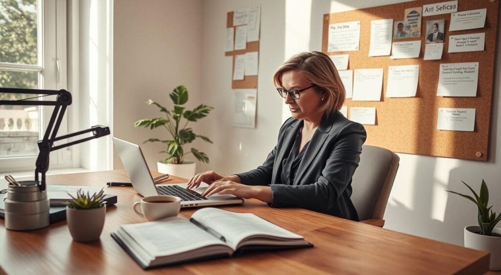 A cozy home office scene depicting a focused transcriptionist working at a desk. In the foreground, a middle-aged woman dressed in professional business attire, typing intently on a laptop, surrounded by neatly organized notes and a microphone. In the middle, an open notebook filled with transcription notes lies beside a cup of coffee, and a potted plant adds a touch of green. In the background, a wall-mounted corkboard displays various transcription projects and schedules, creating a vibe of productivity. The room is well-lit by natural light streaming through a window, with soft shadows adding depth. The atmosphere reflects determination and professionalism, capturing the essence of freelancing in the transcription niche.