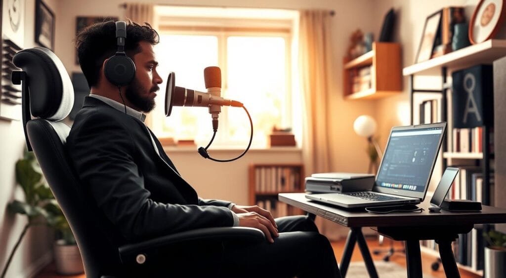 A cozy home office scene illustrating remote voice over work. In the foreground, a focused voice artist sits in a comfortable ergonomic chair, wearing professional business attire, speaking into a high-quality microphone with pop filter. The artist’s workspace features a laptop open to audio editing software and an array of soundproofing panels on the walls. In the middle ground, a large window lets in soft, natural light, creating a warm and inviting atmosphere. In the background, shelves filled with books on voice techniques and industry awards subtly enhance the creative ambiance. The overall mood is professional yet relaxed, evoking the essence of a dedicated voice over artist at work, blending technology and creativity harmoniously. A cozy home office scene illustrating remote voice over work. In the foreground, a focused voice artist sits in a comfortable ergonomic chair, wearing professional business attire, speaking into a high-quality microphone with pop filter. The artist’s workspace features a laptop open to audio editing software and an array of soundproofing panels on the walls. In the middle ground, a large window lets in soft, natural light, creating a warm and inviting atmosphere. In the background, shelves filled with books on voice techniques and industry awards subtly enhance the creative ambiance. The overall mood is professional yet relaxed, evoking the essence of a dedicated voice over artist at work, blending technology and creativity harmoniously.