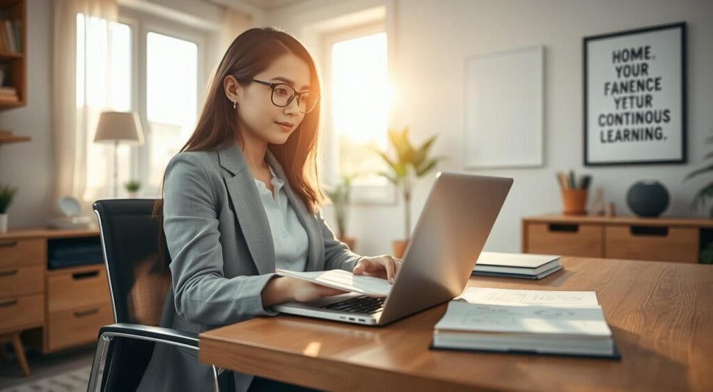 A cozy home office setting featuring a focused female virtual assistant in professional attire, sitting at a stylish desk with a laptop open in front of her. The foreground showcases the assistant engaged in work, with one hand on the keyboard and the other holding a notepad filled with handwritten notes. In the middle ground, a large window lets in warm, soft natural light, illuminating the room and casting gentle shadows. A potted plant and a motivational quote poster adorn the background wall, promoting a professional yet inviting atmosphere. The scene conveys a sense of productivity and continuous learning, with a light and airy mood that inspires creativity and focus, captured from a slightly elevated angle to emphasize the workspace.