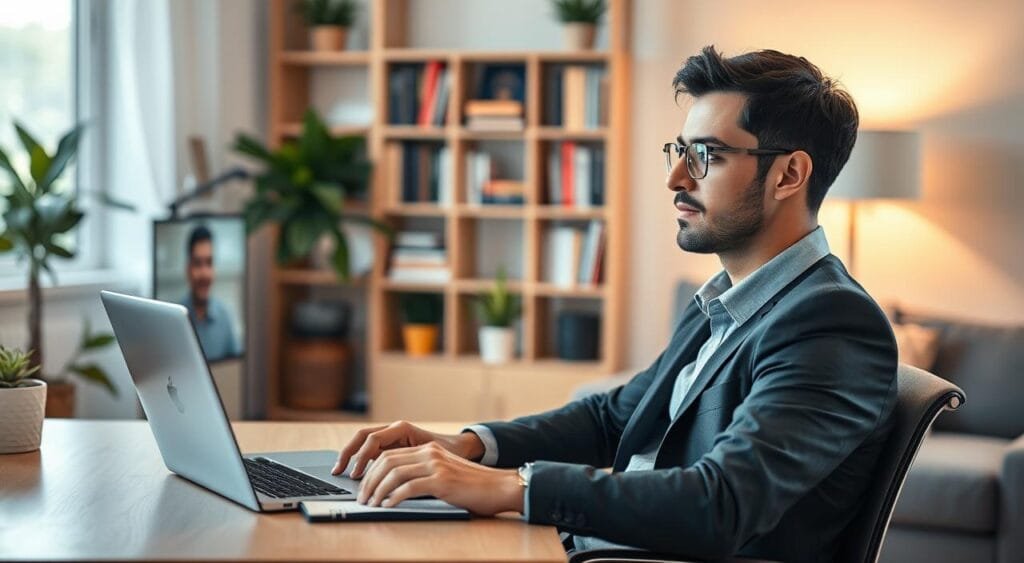 A cozy, modern home office scene depicting a freelancer engaging in a video call with a client. In the foreground, a professional-looking individual in smart casual attire is sitting at a stylish desk with a laptop and a notepad. The person has a focused expression, indicating attentive listening and engagement. In the middle, the laptop screen shows a blurred image of a client, symbolizing remote communication. Bright, warm lighting illuminates the space, creating an inviting atmosphere. Books and plants are neatly arranged on shelves in the background, signifying organization and professionalism. The overall mood conveys collaboration, trust, and effective communication in a freelancing context. A cozy, modern home office scene depicting a freelancer engaging in a video call with a client. In the foreground, a professional-looking individual in smart casual attire is sitting at a stylish desk with a laptop and a notepad. The person has a focused expression, indicating attentive listening and engagement. In the middle, the laptop screen shows a blurred image of a client, symbolizing remote communication. Bright, warm lighting illuminates the space, creating an inviting atmosphere. Books and plants are neatly arranged on shelves in the background, signifying organization and professionalism. The overall mood conveys collaboration, trust, and effective communication in a freelancing context.