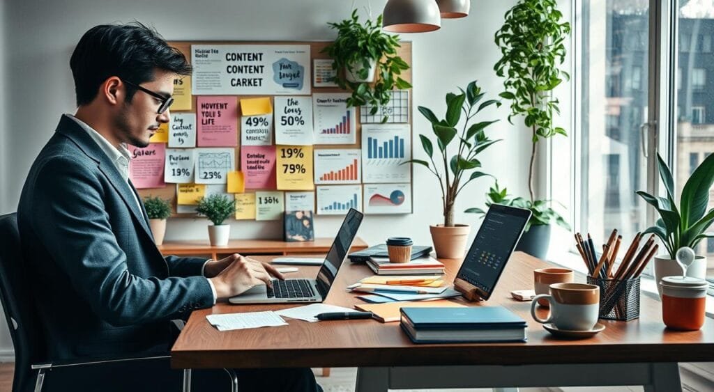 A cozy, modern office workspace scene focused on a freelance content marketer. In the foreground, a person dressed in a smart-casual outfit, focused on their laptop, showcasing a diverse array of colorful notes and digital devices spread across a stylish wooden desk. The middle layer features a vibrant mood board with inspirational quotes and charts illustrating content performance metrics. In the background, soft, natural light filters through a large window adorned with indoor plants, creating a warm atmosphere. Subtle elements like a steaming coffee cup and art supplies hint at creativity and workflow. The image should evoke a sense of productivity and innovation in content marketing strategies, capturing the essence of creating valuable content.