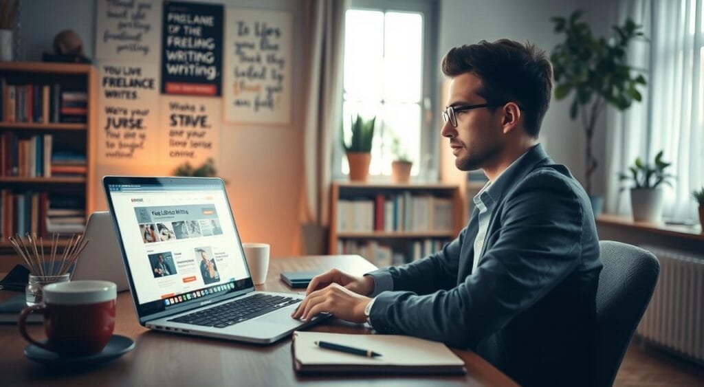 A cozy, well-lit home office scene featuring a focused freelance writer at a desk, dressed in professional casual attire. The foreground shows a laptop with visible freelance writing platforms on the screen, surrounded by notebooks, coffee, and a pen. In the middle ground, a wall with motivational quotes and a bookshelf filled with writing guides and resources creates an inspirational atmosphere. The background reveals a window with natural light pouring in, illuminating potted plants. The mood is productive and inviting, highlighting the essence of finding freelance writing jobs. Soft, warm lighting enhances the workspace ambiance, and the angle captures a creative yet professional environment, perfect for illustrating opportunities in freelance writing.