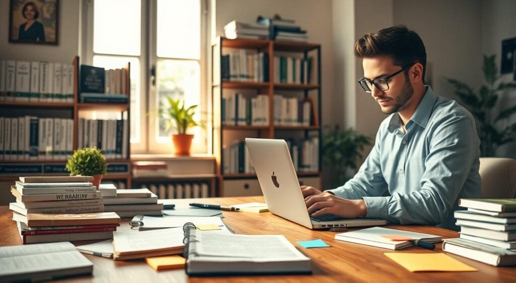 A cozy, well-lit home office setting with a wooden desk cluttered with notebooks, a laptop, and colorful sticky notes. In the foreground, a focused individual, dressed in smart casual attire, types on a laptop, surrounded by books about style guides and content creation. The middle of the scene includes a stylish shelf filled with manuals and guides on writing, while a large window in the background lets in warm, natural light, illuminating the space. A potted plant adds a touch of greenery. The atmosphere is calm and productive, conveying a sense of organization and creativity. Soft shadows enhance the professional yet inviting mood of the workspace, captured with a slightly blurred depth of field to draw attention to the subject and their tools. A cozy, well-lit home office setting with a wooden desk cluttered with notebooks, a laptop, and colorful sticky notes. In the foreground, a focused individual, dressed in smart casual attire, types on a laptop, surrounded by books about style guides and content creation. The middle of the scene includes a stylish shelf filled with manuals and guides on writing, while a large window in the background lets in warm, natural light, illuminating the space. A potted plant adds a touch of greenery. The atmosphere is calm and productive, conveying a sense of organization and creativity. Soft shadows enhance the professional yet inviting mood of the workspace, captured with a slightly blurred depth of field to draw attention to the subject and their tools.