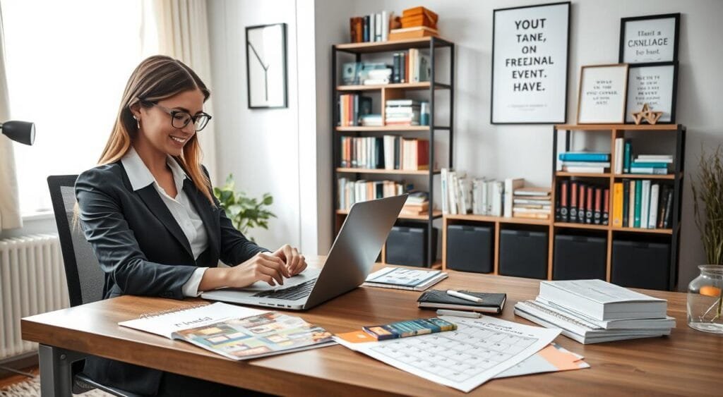 A cozy, well-organized home office setup dedicated to freelance event planning, featuring a modern desk with a laptop open to an event planning website. In the foreground, a professional woman in business attire is typing notes on her laptop, demonstrating focus and dedication. In the middle, colorful event planning brochures and a calendar filled with dates are spread out on the desk, hinting at upcoming projects. The background shows a neatly arranged bookshelf filled with planners, books on event management, and inspirational quotes framed on the wall. The room is brightly lit with natural light filtering through a window, creating an inviting atmosphere that conveys productivity and creativity. The mood is professional yet warm, inspiring viewers to engage in freelance event planning.