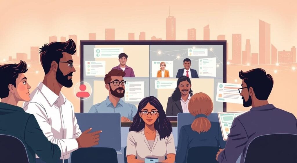 A digital illustration depicting a virtual freelance community. In the foreground, a diverse group of professionals is engaged in a video conference, each person portrayed in business casual attire, displaying a range of emotions from focus to contemplation. The middle ground features a virtual workspace with multiple screens showing collaborative tools and chat windows, interconnected by a faint network of glowing lines symbolizing connectivity. In the background, a stylized, abstract representation of a city skyline enhances the sense of a global community. Soft, warm lighting creates an inviting atmosphere, emphasizing collaboration and support. The angle is slightly overhead, providing a comprehensive view of the scene, capturing both individual diligence and collective interaction. The mood is both inspiring and slightly challenging, reflecting the complexities of virtual freelance communities. A digital illustration depicting a virtual freelance community. In the foreground, a diverse group of professionals is engaged in a video conference, each person portrayed in business casual attire, displaying a range of emotions from focus to contemplation. The middle ground features a virtual workspace with multiple screens showing collaborative tools and chat windows, interconnected by a faint network of glowing lines symbolizing connectivity. In the background, a stylized, abstract representation of a city skyline enhances the sense of a global community. Soft, warm lighting creates an inviting atmosphere, emphasizing collaboration and support. The angle is slightly overhead, providing a comprehensive view of the scene, capturing both individual diligence and collective interaction. The mood is both inspiring and slightly challenging, reflecting the complexities of virtual freelance communities.