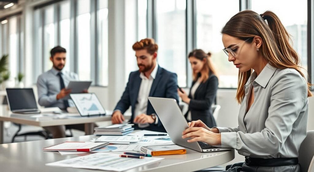 A diverse group of professionals working on freelance data entry projects in a modern, well-lit office environment. In the foreground, a focused woman in professional attire is typing on a laptop, surrounded by papers and charts that illustrate data trends. To the left, a man in a casual business outfit reviews a digital tablet displaying project bids. In the middle ground, a sleek desk is cluttered with notepads and pens, reflecting a productive workspace. The background shows large windows with natural light streaming in, casting soft shadows. The overall atmosphere is one of motivation and collaboration, emphasizing professionalism and efficiency in bidding for freelance projects.