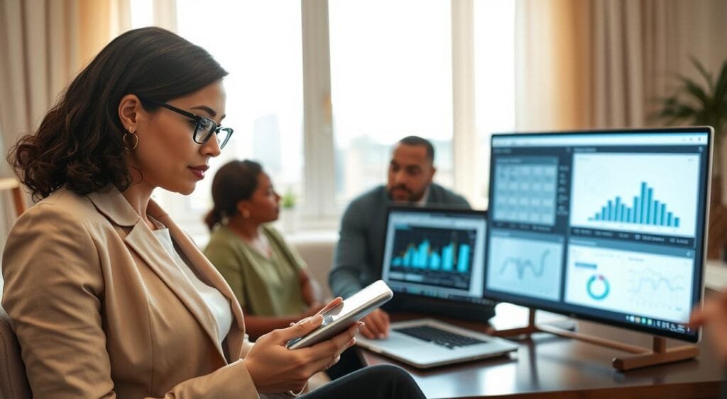 A diverse group of three professionals engaged in a virtual project management meeting in a well-lit home office setting. In the foreground, a focused woman in smart business attire is taking notes on a digital tablet, conveying determination. The middle ground features a laptop screen displaying graphs and project timelines, highlighting collaboration. In the background, a large window lets in soft, natural light, displaying a cityscape, symbolizing the global reach of freelancing. The atmosphere is one of productivity and teamwork, with warm, inviting colors that enhance a sense of motivation and professionalism. The camera angle is slightly elevated, giving a comprehensive view of the work environment without any distractions.