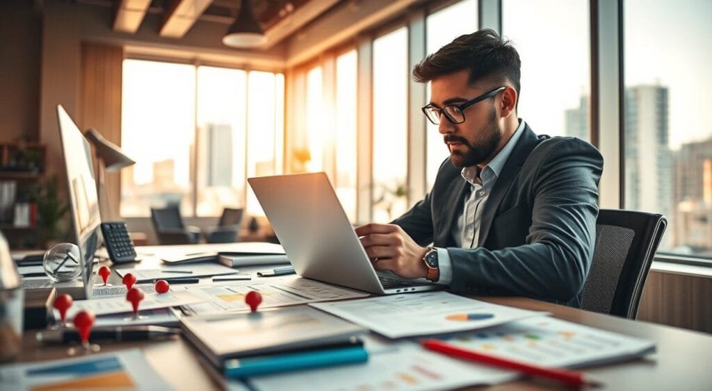 A dynamic freelance SEO strategist at work, focused on local SEO techniques. In the foreground, a professional wearing business attire, engaged in a laptop analysis of local website traffic metrics, surrounded by colorful charts and graphs. The middle ground features a cluttered desk with SEO tools like keyword planners, local map pins, and notes on optimization strategies. In the background, a large window with a bright cityscape view, symbolizing a thriving local market. Warm, natural light streams in, creating an inspiring atmosphere. The camera angle captures an intimate yet professional perspective, showcasing concentration and creativity in a modern workspace. Overall, the image conveys professionalism, dynamism, and the strategic nature of freelance SEO services.