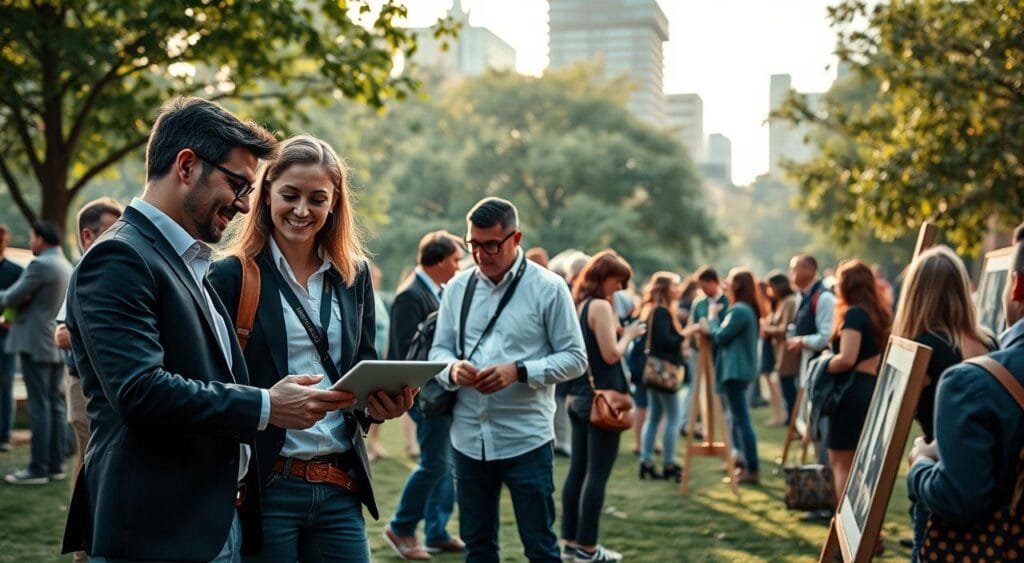 A dynamic scene depicting a diverse group of professional photographers at an outdoor networking event in a bustling urban park. In the foreground, two individuals, one male and one female, are engaged in an animated conversation while reviewing a portfolio on a tablet, dressed in smart casual attire. The middle ground features other professionals mingling, exchanging business cards, and sharing tips, with cameras slung over their shoulders or in hand. The background showcases a diverse group of people, including artists and potential clients, appreciating displayed photographs on easels, with lush greenery and city buildings framing the setting. Soft, golden-hour lighting bathes the scene, creating a warm and inviting atmosphere, emphasizing collaboration and creativity. The composition should have a candid and lively feel, capturing the essence of professional networking in photography.