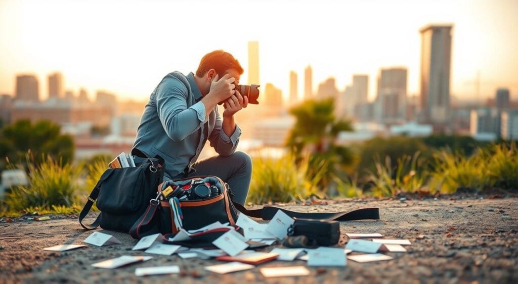 A dynamic scene depicting a professional photographer at work in an outdoor setting, capturing images of a beautiful urban landscape. In the foreground, the photographer, dressed in smart casual attire, is focused intently on their camera, adjusting the lens and settings. The middle section features their camera bag filled with photography gear, and the ground is scattered with business cards and promotional materials, symbolizing marketing efforts. In the background, a vibrant city skyline is illuminated by golden hour light, creating a warm and inviting atmosphere. The composition emphasizes creativity, professionalism, and the essence of effective self-promotion in photography. Soft natural light enhances the scene, evoking a sense of optimism and opportunity in the freelance photography industry.