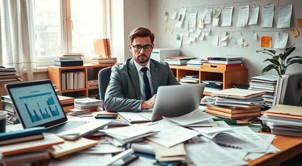 A dynamic workplace scene illustrating the challenges of freelance translation jobs. In the foreground, a focused translator, dressed in professional business attire, sits at a well-organized desk cluttered with various translation materials, language books, and a laptop displaying charts of project openings. The translator’s expression reflects concentration and slight frustration. In the middle ground, diverse papers and documents scatter across the desk, symbolizing multiple projects. In the background, a wall features pinned notes and reminders with deadlines, hinting at the pressure of freelance work. Soft, natural light streams in from a nearby window, creating a warm and inviting yet slightly chaotic atmosphere. The overall mood conveys determination and the complexities inherent in managing translation projects in a freelance career.