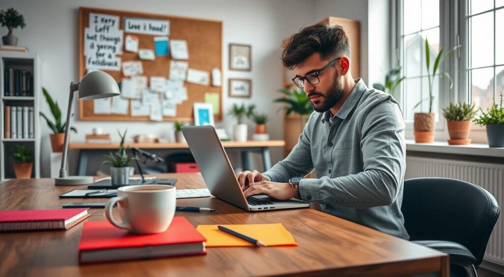 A focused freelance content creator is seated at a stylish desk in a bright, modern home office, typing on a laptop with concentration. In the foreground, vibrant stationery and a steaming cup of coffee illustrate a productive workspace. The middle layer features a corkboard on the wall adorned with client feedback and motivational quotes, emphasizing client satisfaction. In the background, a large window allows natural light to flood in, enhancing the inviting atmosphere. The office is decorated with potted plants and bookshelves, promoting a sense of creativity and professionalism. The mood is inspiring and energetic, capturing the essence of dedication and client-focused service. The composition should be shot from a slightly elevated angle, highlighting both the work environment and the meticulous attention to detail in the freelance process.