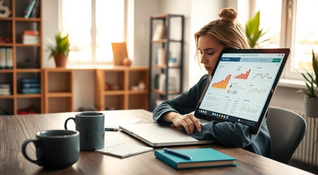A focused freelance email marketing specialist, a young woman in professional business attire, sitting at a modern home office desk. She is intently using sophisticated email marketing software on her laptop, with analytical charts and vibrant graphics displayed on the screen. In the foreground, a sleek coffee mug sits next to her, and a notepad with handwritten notes is visible. The middle ground features soft, natural lighting coming from a nearby window, casting a warm glow across the workspace. The background reveals organized shelves with marketing books and a potted plant for a touch of greenery. The mood is productive and inspiring, conveying a sense of creativity and professionalism in a contemporary workspace setting. A focused freelance email marketing specialist, a young woman in professional business attire, sitting at a modern home office desk. She is intently using sophisticated email marketing software on her laptop, with analytical charts and vibrant graphics displayed on the screen. In the foreground, a sleek coffee mug sits next to her, and a notepad with handwritten notes is visible. The middle ground features soft, natural lighting coming from a nearby window, casting a warm glow across the workspace. The background reveals organized shelves with marketing books and a potted plant for a touch of greenery. The mood is productive and inspiring, conveying a sense of creativity and professionalism in a contemporary workspace setting.
