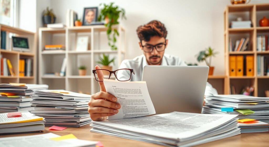 A focused freelance proofreader working diligently at a modern desk, surrounded by stacks of neatly organized papers and colorful sticky notes. The foreground features a close-up of their hands adjusting a pair of reading glasses, examining a document filled with marked corrections. In the middle, a soft-lit laptop displays a proofreading software interface. The background shows a bright, minimalist office space with shelves containing books on grammar, style guides, and a potted plant, enhancing the atmosphere of professionalism and creativity. The scene is warmly lit, evoking an encouraging and productive mood, captured from a slightly elevated angle for depth. A focused freelance proofreader working diligently at a modern desk, surrounded by stacks of neatly organized papers and colorful sticky notes. The foreground features a close-up of their hands adjusting a pair of reading glasses, examining a document filled with marked corrections. In the middle, a soft-lit laptop displays a proofreading software interface. The background shows a bright, minimalist office space with shelves containing books on grammar, style guides, and a potted plant, enhancing the atmosphere of professionalism and creativity. The scene is warmly lit, evoking an encouraging and productive mood, captured from a slightly elevated angle for depth.