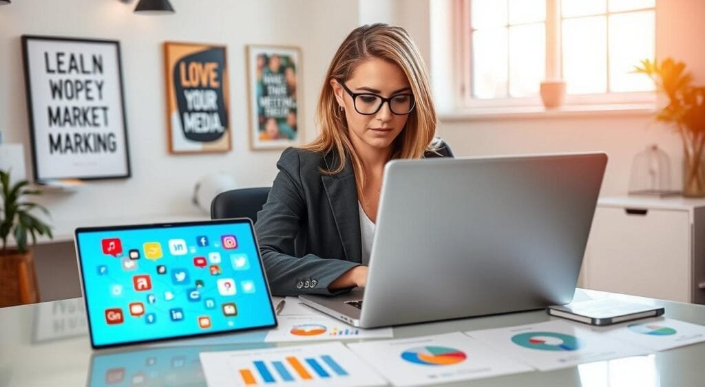 A focused freelance social media strategist sits at a modern desk, working intently on a sleek laptop. She is dressed in professional business attire, embodying a confident and organized persona. In the foreground, a colorful array of social media icons is displayed on the laptop screen, indicating various platforms. In the middle ground, vibrant charts and strategies are scattered around the desk, showcasing her marketing plans. The background features a stylish office with motivational artwork on the walls and natural light streaming in from a large window, creating an inviting atmosphere. The scene is bright and lively, evoking a sense of professionalism and creativity, perfect for illustrating the concept of marketing freelance services.