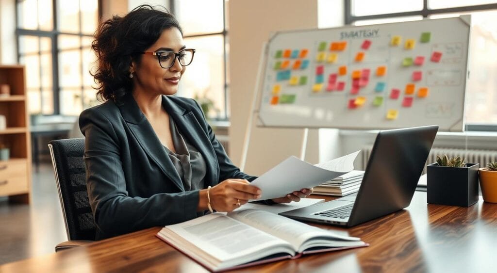 A focused, independent business consultant in a sleek, modern office space, sitting at a stylish wooden desk strewn with open notebooks and a laptop. She has an approachable yet professional demeanor, dressed in a tailored blazer and blouse, with glasses perched on her nose as she reviews documents. In the background, a whiteboard filled with strategy notes and colorful sticky notes conveys a creative environment. Soft, natural light filters through large windows, casting a warm glow. The composition uses a slight angle to emphasize her engagement with the work, creating a feeling of productivity and brand-building. The atmosphere is inspiring and empowering, reflecting the essence of entrepreneurship.
