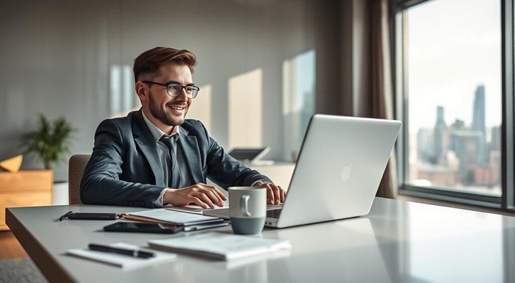 A focused independent contractor at a sleek, modern desk, intently engaging in a video call on a laptop, showcasing a professional demeanor. The foreground features a well-organized workspace with notepads, a smartphone, and a mug of coffee, emphasizing productivity. In the middle ground, the contractor is depicted in smart business attire, with a bright, optimistic expression while discussing potential projects with a client. The background illustrates a vibrant city skyline through a large window, symbolizing opportunity and growth. Soft, natural light streams in, creating an inviting atmosphere, while a shallow depth of field emphasizes the subject, ensuring crisp detail and clarity. The mood is inspiring and professional, conveying determination and ambition. A focused independent contractor at a sleek, modern desk, intently engaging in a video call on a laptop, showcasing a professional demeanor. The foreground features a well-organized workspace with notepads, a smartphone, and a mug of coffee, emphasizing productivity. In the middle ground, the contractor is depicted in smart business attire, with a bright, optimistic expression while discussing potential projects with a client. The background illustrates a vibrant city skyline through a large window, symbolizing opportunity and growth. Soft, natural light streams in, creating an inviting atmosphere, while a shallow depth of field emphasizes the subject, ensuring crisp detail and clarity. The mood is inspiring and professional, conveying determination and ambition.