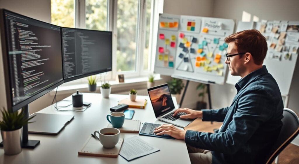 A focused scene depicting a remote web developer at their workspace, highlighting a bright, organized home office with a sleek desk and dual monitor setup displaying code and design layout. In the foreground, a professional-looking person in smart casual attire is thoughtfully typing on a laptop, surrounded by notepads with project notes and a steaming cup of coffee. The middle section includes a large whiteboard with colorful sticky notes and flowcharts, representing project planning and proposal ideas. In the background, a sunny window shows a serene garden, enhancing the productive atmosphere. The room is well-lit with natural light, creating an inspiring and motivating mood, captured with a soft focus effect to emphasize the subject, creating a sense of depth and engagement. A focused scene depicting a remote web developer at their workspace, highlighting a bright, organized home office with a sleek desk and dual monitor setup displaying code and design layout. In the foreground, a professional-looking person in smart casual attire is thoughtfully typing on a laptop, surrounded by notepads with project notes and a steaming cup of coffee. The middle section includes a large whiteboard with colorful sticky notes and flowcharts, representing project planning and proposal ideas. In the background, a sunny window shows a serene garden, enhancing the productive atmosphere. The room is well-lit with natural light, creating an inspiring and motivating mood, captured with a soft focus effect to emphasize the subject, creating a sense of depth and engagement.