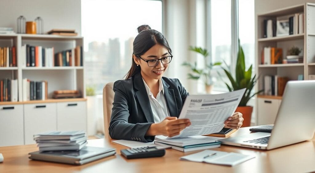 A focused scene of a young independent contractor managing finances in a stylish home office. In the foreground, a confident individual in professional business attire sits at a modern desk, surrounded by a laptop, financial documents, and a calculator. The individual, a woman of Asian descent, is intently reviewing a spreadsheet, projecting diligence and professionalism. In the middle ground, shelves fill with books on business and finance, and a potted plant adds a touch of greenery. The background features a large window with natural light streaming in, creating a warm and inviting atmosphere. Soft lighting enhances the focus on the individual and their work, while the overall composition inspires a sense of empowerment and ambition, embodying the spirit of effective financial management for independent contractors. A focused scene of a young independent contractor managing finances in a stylish home office. In the foreground, a confident individual in professional business attire sits at a modern desk, surrounded by a laptop, financial documents, and a calculator. The individual, a woman of Asian descent, is intently reviewing a spreadsheet, projecting diligence and professionalism. In the middle ground, shelves fill with books on business and finance, and a potted plant adds a touch of greenery. The background features a large window with natural light streaming in, creating a warm and inviting atmosphere. Soft lighting enhances the focus on the individual and their work, while the overall composition inspires a sense of empowerment and ambition, embodying the spirit of effective financial management for independent contractors.