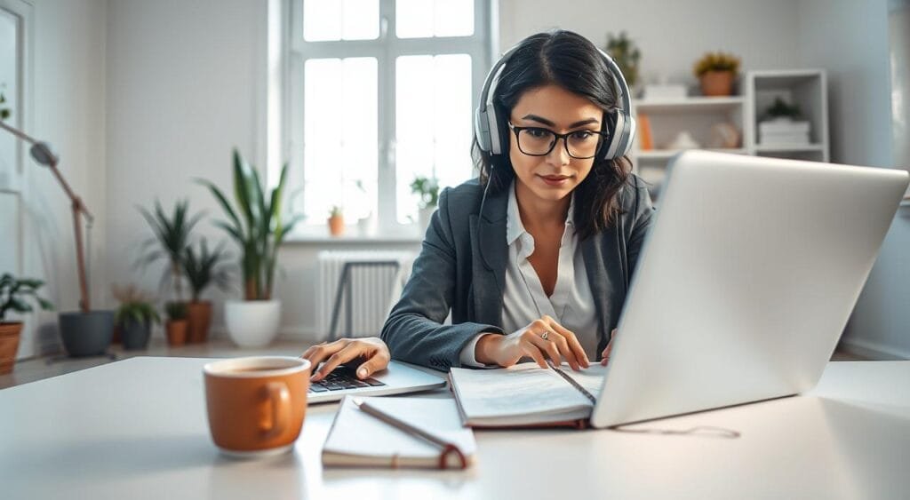 A focused workspace featuring a person engaged in online transcription work. In the foreground, a professional female freelancer in modest business attire is seated at a sleek desk, typing on a laptop, with headphones on. Her expression is concentrated, conveying diligence. Beside her, a notebook filled with handwritten notes and a cup of coffee adds a personal touch. In the middle background, a large window lets in soft, natural light, enhancing the productive atmosphere. The background showcases a minimalist office setup with plants and bookshelves, promoting a sense of organization and calm. The scene is bright and airy, evoking a mood of inspiration and professionalism, captured at eye level for an engaging perspective.