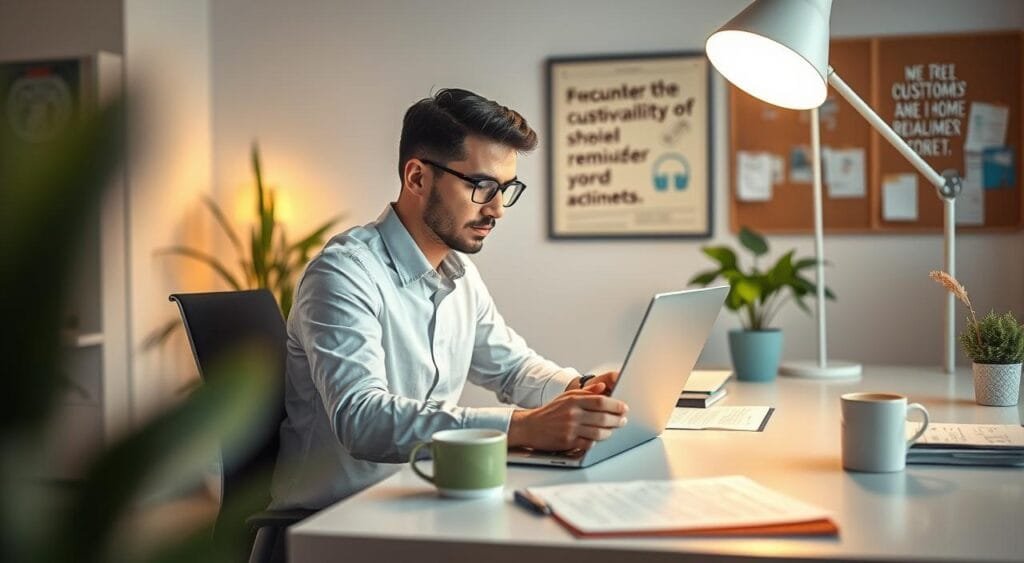 A focused workspace scene featuring a freelance customer service agent engaged in writing a resume. The foreground shows a professional adult wearing smart casual business attire, sitting at a modern desk, typing on a laptop, surrounded by neatly organized papers and a notepad. The middle layer features a vibrant indoor setting with a potted plant, a cup of coffee, and a soft light source emanating from a desk lamp, creating a warm and inviting atmosphere. The background showcases a wall with motivational quotes and a bulletin board filled with reminders and achievements. The lighting is soft and natural, suggesting a late afternoon glow, creating a productive and inspiring mood, ideal for crafting a winning resume.