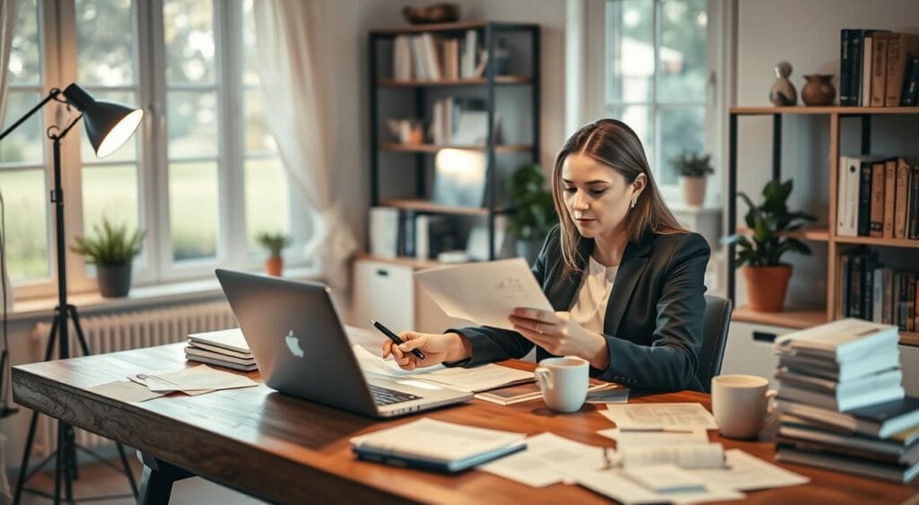 A freelance editor working diligently at a stylish wooden desk in a cozy, well-lit home office. The foreground features a focused woman in professional business attire, seated with a laptop open, reviewing documents with a pen in hand. Her expression is one of concentration and determination. Surrounding her are scattered papers, a cup of coffee, and a table lamp casting a warm glow. In the middle ground, shelves lined with books on editing and grammar add depth, while a potted plant brings a touch of greenery. The background includes a soft-focus window revealing a tranquil garden scene, suggesting a peaceful yet productive atmosphere. The overall mood is inspiring, reflecting creativity and professionalism. A freelance editor working diligently at a stylish wooden desk in a cozy, well-lit home office. The foreground features a focused woman in professional business attire, seated with a laptop open, reviewing documents with a pen in hand. Her expression is one of concentration and determination. Surrounding her are scattered papers, a cup of coffee, and a table lamp casting a warm glow. In the middle ground, shelves lined with books on editing and grammar add depth, while a potted plant brings a touch of greenery. The background includes a soft-focus window revealing a tranquil garden scene, suggesting a peaceful yet productive atmosphere. The overall mood is inspiring, reflecting creativity and professionalism.