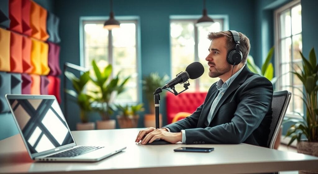 A freelance voice artist in a modern, vibrant home office setting, seated at a stylish desk with a microphone, headphones, and a laptop open, showcasing a digital audio workstation. In the foreground, the artist, a focused individual in smart casual attire, speaks into the microphone with a confident posture. In the middle ground, colorful soundproofing panels adorn the walls, and plants create a fresh atmosphere. The background features large windows allowing natural light to flood the space, enhancing the creativity and warmth. The overall mood is professional yet inviting, embodying the energy of the freelance voice-over industry. The lighting is bright with soft shadows, and the angle captures a dynamic view of the workspace. A freelance voice artist in a modern, vibrant home office setting, seated at a stylish desk with a microphone, headphones, and a laptop open, showcasing a digital audio workstation. In the foreground, the artist, a focused individual in smart casual attire, speaks into the microphone with a confident posture. In the middle ground, colorful soundproofing panels adorn the walls, and plants create a fresh atmosphere. The background features large windows allowing natural light to flood the space, enhancing the creativity and warmth. The overall mood is professional yet inviting, embodying the energy of the freelance voice-over industry. The lighting is bright with soft shadows, and the angle captures a dynamic view of the workspace.