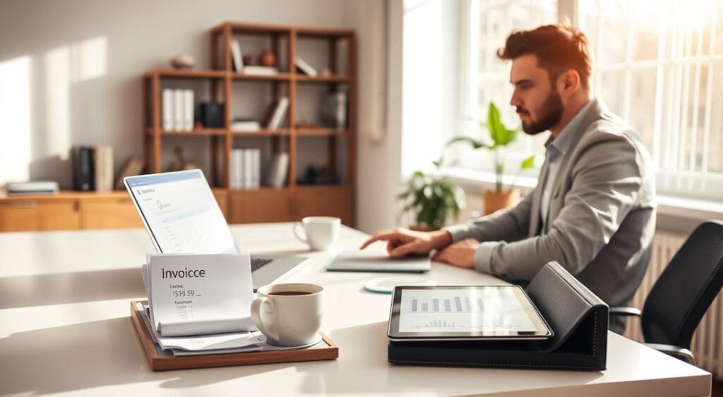 A freelancer sitting at a sleek, modern desk in a well-lit, contemporary home office, focused intently on a laptop with an open invoicing software program displayed. The foreground features a stylish organizer with neatly arranged invoices and receipts, highlighting organization and productivity. In the middle, a cup of coffee and a digital tablet displaying graphs and accounting metrics emphasize a tech-savvy workspace. The background reveals a shelf with business books and a potted plant, adding a touch of freshness and inspiration. Natural light streams in from a large window, casting soft shadows and creating a warm, inviting atmosphere that reflects professionalism and efficiency, suggesting a seamless workflow and streamlined tasks.